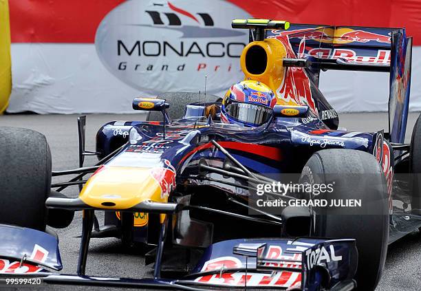 Red Bull's Australian driver Mark Webber drives at the Monaco street circuit on May 16 during the Monaco Formula One Grand Prix. AFP PHOTO / GERARD...