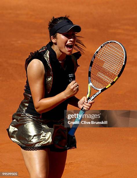 Aravane Rezai of France celebrates match point against Venus Williams of the USA in the womens final match during the Mutua Madrilena Madrid Open...