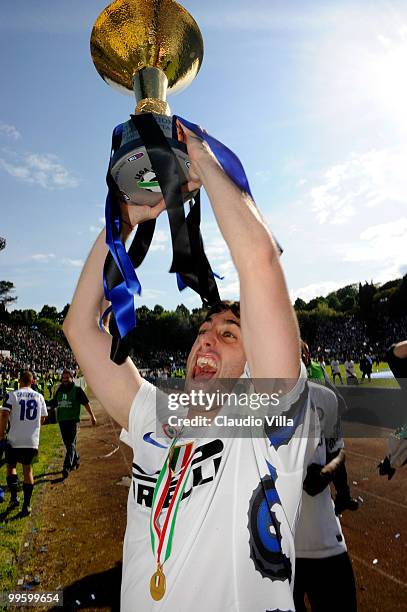 Celebrates of Diego Alberto Milito of FC Internazionale Milano during the Serie A match between AC Siena and FC Internazionale Milano at Stadio...