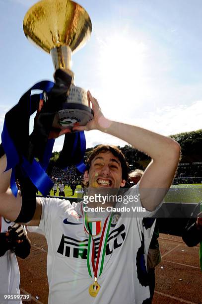 Celebrates of Diego Alberto Milito of FC Internazionale Milano during the Serie A match between AC Siena and FC Internazionale Milano at Stadio...
