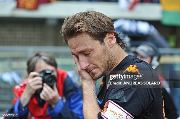 Roma's forward Francesco Totti reacts at the end of his team's Italian serie A football match against Chievo at Marc'Antonio Bentegodi stadium in...