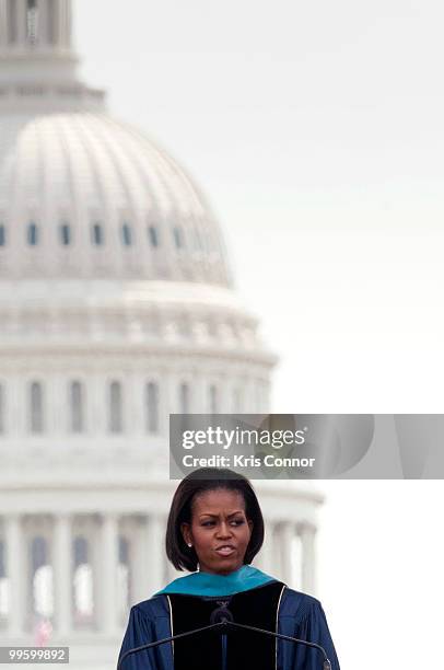 First lady Michelle Obama speaks during the 2010 George Washington University commencement at the National Mall on May 16, 2010 in Washington, DC.