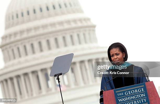 First lady Michelle Obama speaks during the 2010 George Washington University commencement at the National Mall on May 16, 2010 in Washington, DC.