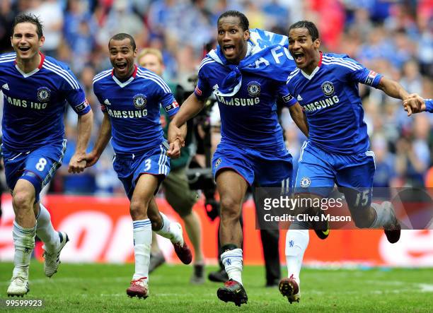 Frank Lampard , Ashley Cole, Didier Drogba and Florent Malouda of Chelsea celebrate at the end of the FA Cup sponsored by E.ON Final match between...