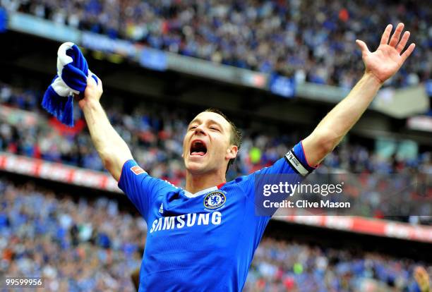 John Terry of Chelsea celebrates at the end of the FA Cup sponsored by E.ON Final match between Chelsea and Portsmouth at Wembley Stadium on May 15,...