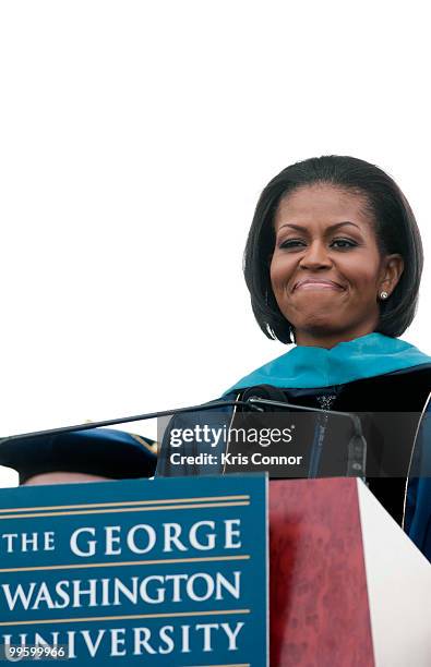 First lady Michelle Obama speaks during the 2010 George Washington University commencement at the National Mall on May 16, 2010 in Washington, DC.