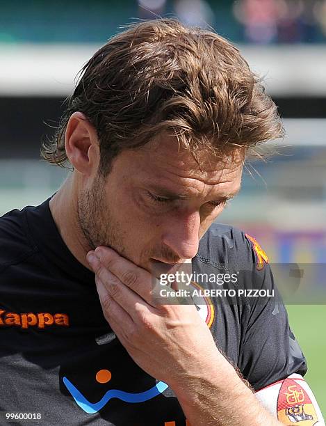 Roma's forward Francesco Totti reacts at the end of his team's Italian serie A football match against Chievo at Marc'Antonio Bentegodi stadium in...