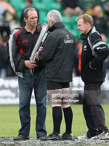 Brendan Venter, Saracens Coach has a conversation with an official prior to kick off during the Guinness Premiership semi final match between...