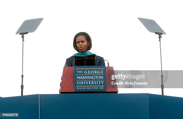 First lady Michelle Obama speaks during the 2010 George Washington University commencement at the National Mall on May 16, 2010 in Washington, DC.