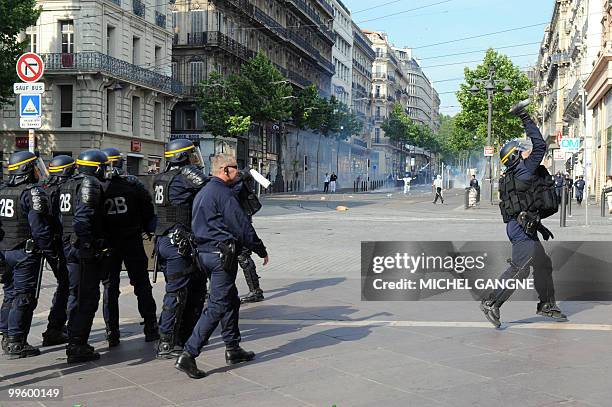 French anti-riot forces take position on May 16, 2010 in Marseille southern France during a street clash that broke out after Olympique de...