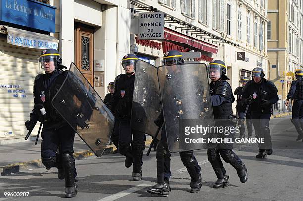 French anti-riot police forces take position on May 16, 2010 in Marseille southern France during a street clash that broke out after Olympique de...