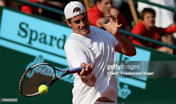 John Isner of the USA in action during his match against Lleyton Hewitt of Australia during day one of the ARAG World Team Cup at the Rochusclub on...