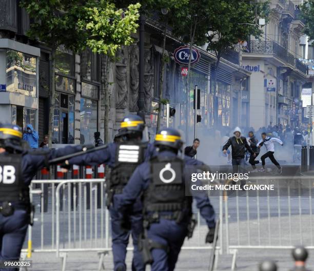 French anti-riot police forces face young people on May 16, 2010 in Marseille southern France during a street clash that broke out after Olympique de...