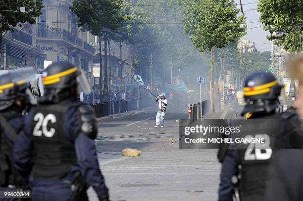 French anti-riot police forces face Olympique de Marseille supporters on May 16, 2010 in Marseille southern France during a street clash that broke...
