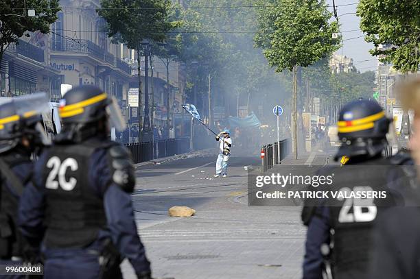 French anti-riot police forces face Olympique de Marseille supporters on May 16, 2010 in Marseille southern France during a street clash that broke...