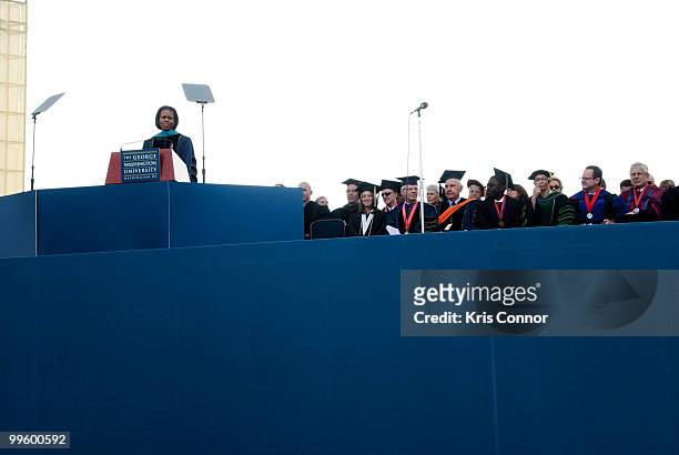 First lady Michelle Obama speaks during the 2010 George Washington University commencement at the National Mall on May 16, 2010 in Washington, DC.