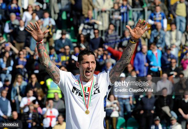 Celebrates of Marco Materazzi of FC Internazionale Milano during the Serie A match between AC Siena and FC Internazionale Milano at Stadio Artemio...