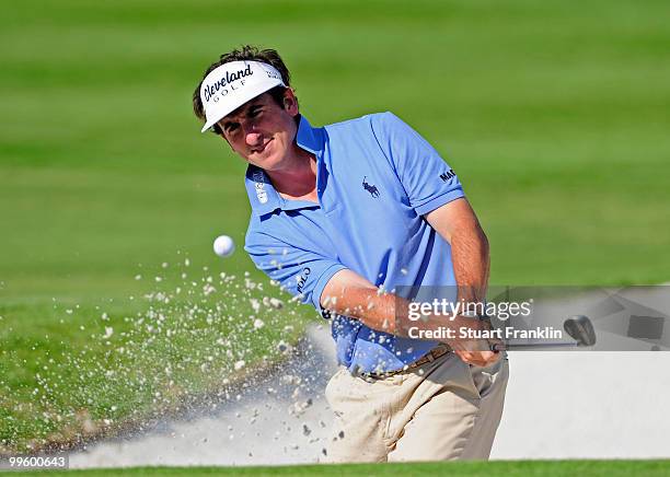 Gonzalo Fernandez - Castano of Spain plays his bunker shot on the 18th hole during the final round of the Open Cala Millor Mallorca at Pula golf club...