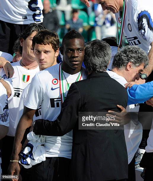 Celebrates of FC Internazionale Milano Head Coach Jose Mourinho and Mario Balotelli during the Serie A match between AC Siena and FC Internazionale...