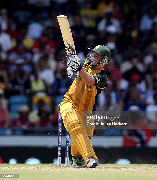 Mike Hussey of Australia scores runs during the final of the ICC World Twenty20 between Australia and England played at the Kensington Oval on May...