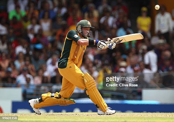 Mike Hussey of Australia hits out during the final of the ICC World Twenty20 between Australia and England at the Kensington Oval on May 16, 2010 in...