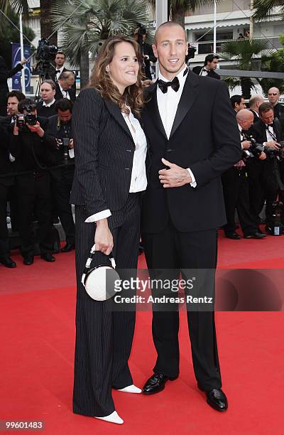Former swimmer Laure Manaudou and swimmer Frederick Bousquet attend "The Princess Of Montpensier" Premiere at the Palais des Festivals during the...