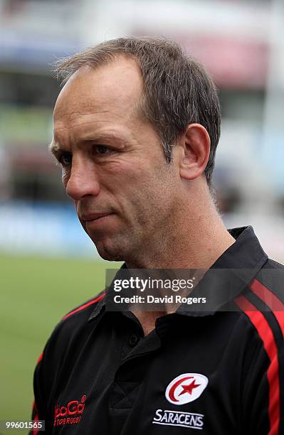 Brendan Venter, the Saracens director of rugby looks on during the Guinness Premiership semi final match between Northampton Saints and Saracens at...