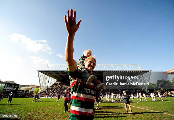 Lewis Moody of Leicester Tigers says farwell to Welford Road during the Guinness Premiership Semi Final match between Leicester Tigers and Bath at...