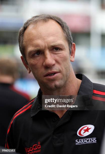 Brendan Venter, the Saracens director of rugby looks on during the Guinness Premiership semi final match between Northampton Saints and Saracens at...