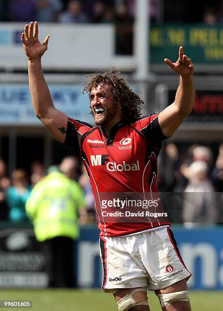 Jacques Burger of Saracens celebrates after their victory during the Guinness Premiership semi final match between Northampton Saints and Saracens at...