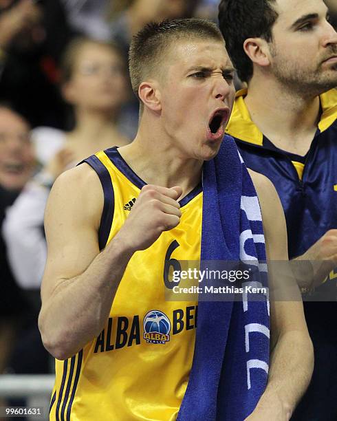 Steffen Hamann of Berlin jubilates during the Beko Basketball Bundesliga Play-Off match between Alba Berlin and Deutsche Bank Skyliners at O2 World...