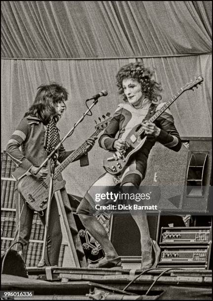 Zal Cleminson and Chris Glen of the Sensational Alex Harvey Band perform on stage at Stoke City Football Club, United Kingdom, 17th May 1975.