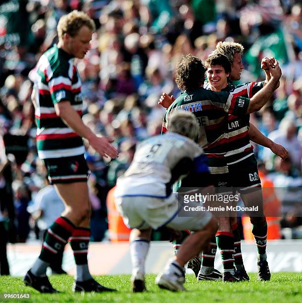 George Shuter of Leicester Tigers celebrates victory with Ben Youngs during the Guinness Premiership Semi Final match between Leicester Tigers and...