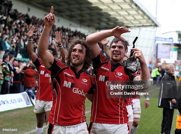 Jacques Burger and Tom Ryder of Saracens celebrate after their victory during the Guinness Premiership semi final match between Northampton Saints...