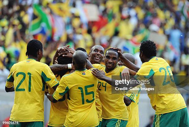 South African players celebrate during the International Friendly match between South Africa and Thailand from Mbombela Stadium on May 16, 2010 in...