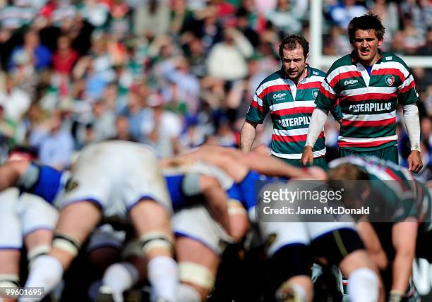 Geordan Murphy and Toby Flood of Leicester Tigers looks on during the Guinness Premiership Semi Final match between Leicester Tigers and Bath at...
