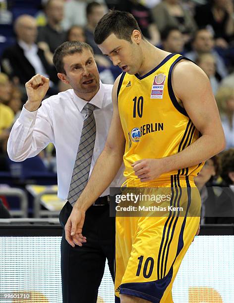 Head coach Luka Pavicevic of Berlin and Blagota Sekulic are seen during the Beko Basketball Bundesliga Play-Off match between Alba Berlin and...