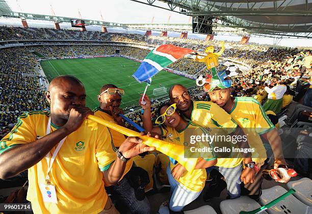 South African fans celebrate during the International Friendly match between South Africa and Thailand from Mbombela Stadium on May 16, 2010 in...