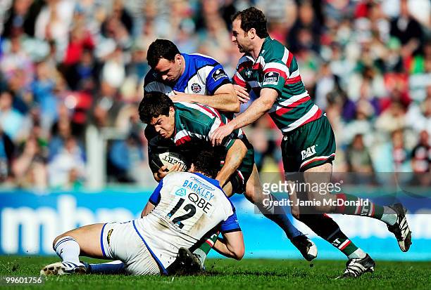 Ben Youngs of Leicester Tigers is tackled by Olly Barkley of Bath during the Guinness Premiership Semi Final match between Leicester Tigers and Bath...