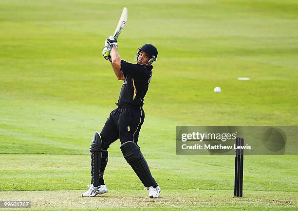 Neil Carter of Warwickshire edges the ball towards the boundary during the Clydesdale Bank 40 match betwen Warwickshire and Kent at Edgbaston on May...