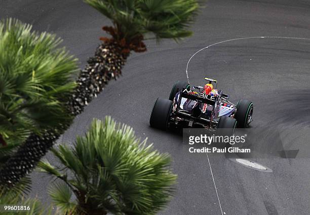 Mark Webber of Australia and Red Bull Racing drives on his way to winning the Monaco Formula One Grand Prix at the Monte Carlo Circuit on May 16,...