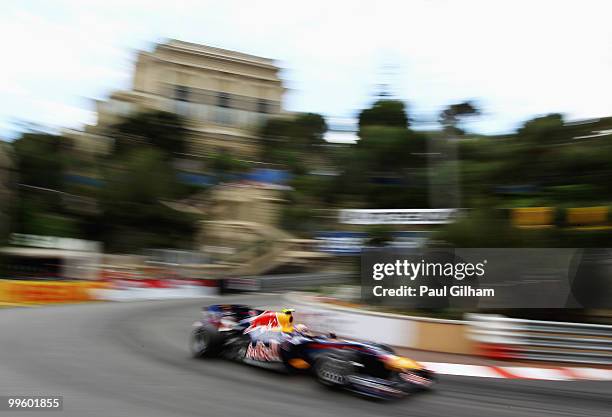 Mark Webber of Australia and Red Bull Racing drives on his way to winning the Monaco Formula One Grand Prix at the Monte Carlo Circuit on May 16,...