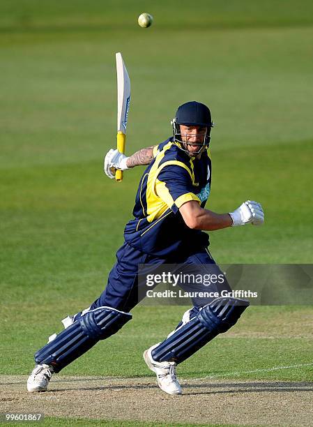 Nic Pothas of Hampshire hits out to the boundary during the Clydesbank Bank 40 League match between Nottinghamshire Outlaws and Hampshire Royals at...