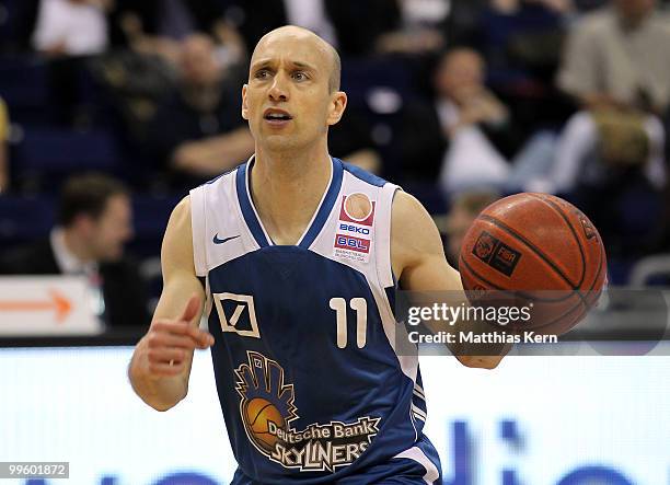 Pascal Roller of Frankfurt in action during the Beko Basketball Bundesliga Play-Off match between Alba Berlin and Deutsche Bank Skyliners at O2 World...