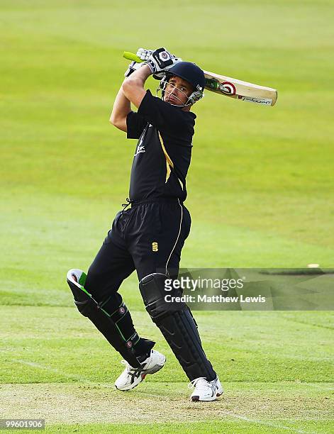 Neil Carter of Warwickshire edges the ball towards the boundary during the Clydesdale Bank 40 match betwen Warwickshire and Kent at Edgbaston on May...