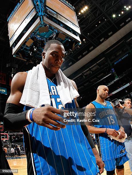 Dwight Howard of the Orlando Magic against the Atlanta Hawks during Game Four of the Eastern Conference Semifinals of the 2010 NBA Playoffs at...