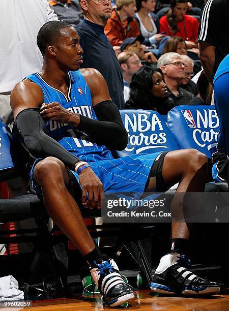 Dwight Howard of the Orlando Magic against the Atlanta Hawks during Game Four of the Eastern Conference Semifinals of the 2010 NBA Playoffs at...