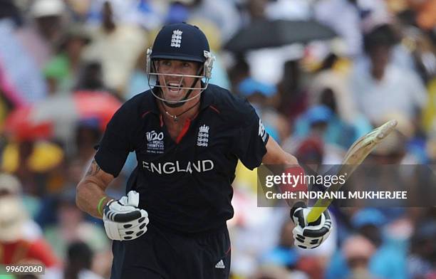 England cricketer Kevin Pietersen shouts to the non-striker during the Men's ICC World Twenty20 final match between Australia and England at the...