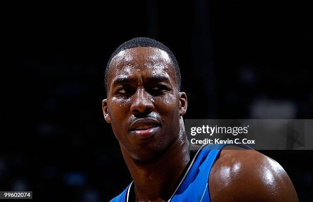 Dwight Howard of the Orlando Magic against the Atlanta Hawks during Game Four of the Eastern Conference Semifinals of the 2010 NBA Playoffs at...