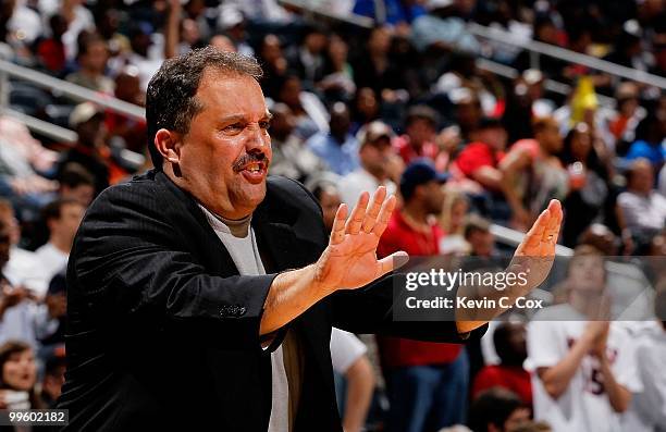 Head coach Stan Van Gundy of the Orlando Magic against the Atlanta Hawks during Game Four of the Eastern Conference Semifinals of the 2010 NBA...